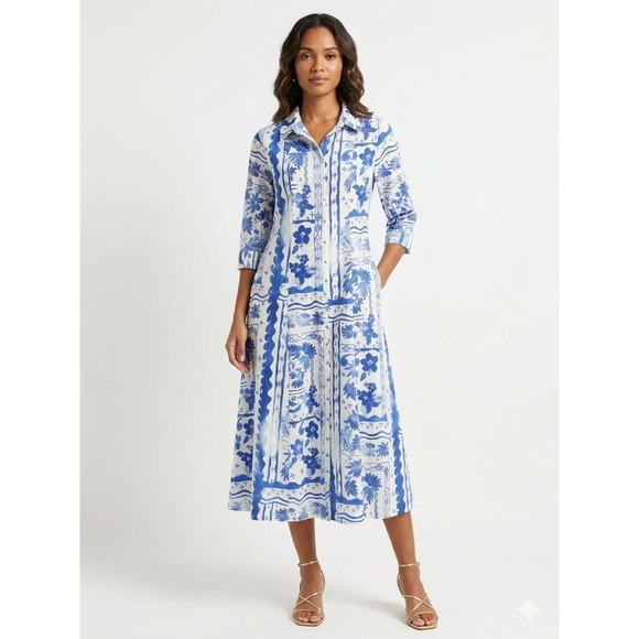 Joie Dresses & Skirts - Joie Blue White Linen Rayon Floral Batik Midi Shirt Dress Small